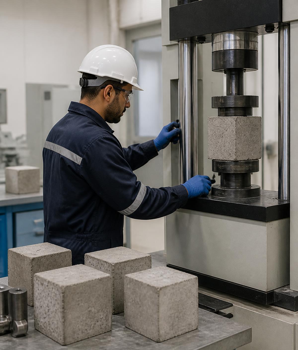 Technician testing concrete cube specimens on a compression testing machine in a materials laboratory